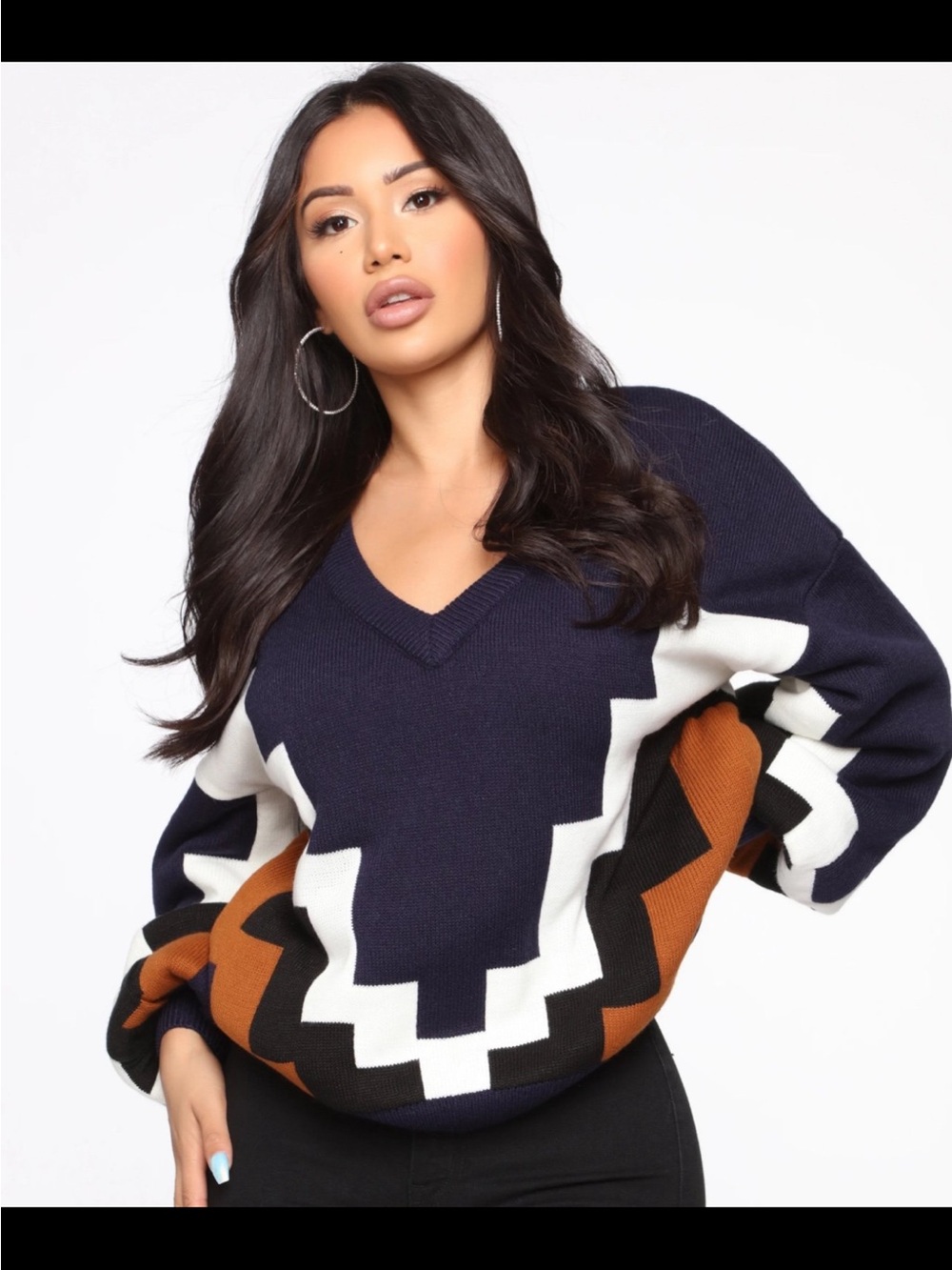 NWT FashionNova V-Neck Colorblock Knit Sweater in Navy, White & Brown, Size 1X